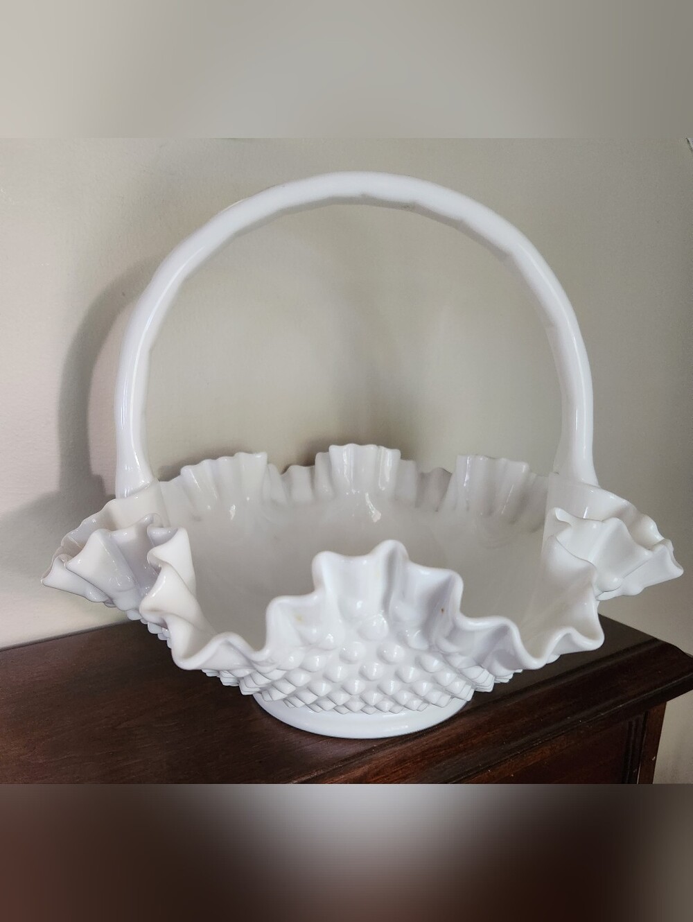Vintage Fenton 12" Ruffled Hobnail Milk Glass Basket With Handle